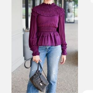 Farm Rio Smocked Burgundy Ruffle Blouse